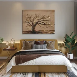 Large Brown Gold Tree Canvas Wall Art Cozy Modern Bedroom