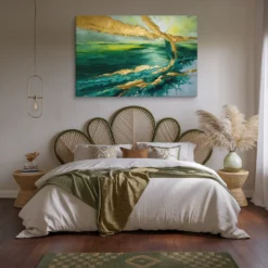 Large Emerald Green and Gold Abstract Canvas Wall Art Master Bedroom