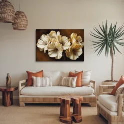 Large Gold Brown Botanical Canvas Print Rustic Farmhouse Living Room