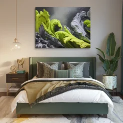 Large Lime Green and Gray Abstract Canvas Wall Art Modern Bedroom Decor