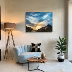 Large Mountain Sunset Blue Brown Orange Landscape Canvas Wall Art Lounge