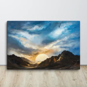 Large Mountain Sunset Canvas Wall Art Blue Brown Orange Landscape Decor