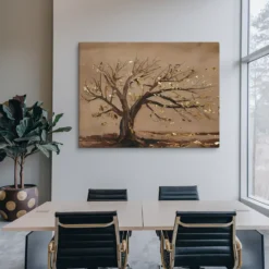 Large Taupe Gold Autumn Tree Canvas Wall Art Office