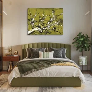 Large Zen Cherry Blossom Canvas Art – Green Black White Master Bedroom Wall Decor