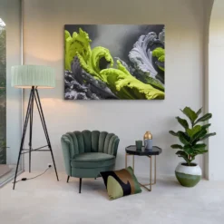 Lime Green Gray Modern Fluid Motion Abstract Wall Art Canvas Lounge