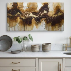 Long Horizontal Abstract Coffee Spill Artwork Kitchen