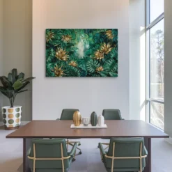Lush Green Gold Tropical Leaves Large Canvas Wall Art Modern Office