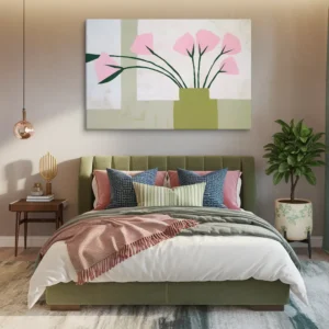 Minimalist Pink Green Abstract Floral Canvas Art Large Master Bedroom Wall Decor