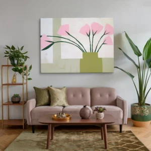 Minimalist Pink Green Abstract Floral Canvas Wall Art Small Living Room Decor