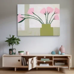 Minimalist Pink Green Abstract Floral Huge Canvas Wall Art