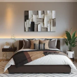 Modern Abstract neutral canvas wall art cozy bedroom