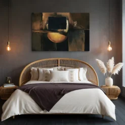 Navy Amber Brown Geometric Abstract Orb Canvas Bedroom Wall Hanging