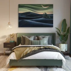 Olive Green and Black Twilight Landscape Canvas Wall Art Cozy Bedroom Decor