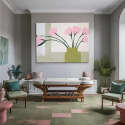 Pink Green Abstract Flower Canvas Wall Art Modern Spa Room