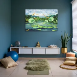 Meditative and Relaxing Blue Green Gold Pond Canvas Wall Art