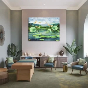 Relaxing Blue Pond Art with Gold Dragonflies and Green Lily Pads Span Wall Decor