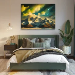 Surreal Mountain Bedroom Wall Art – Meteor-Trail & Sky Amber Peaks