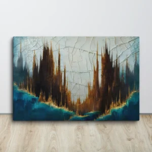 Surreal Spires Abstract Art - Blue Gold Brown Canvas Painting Large