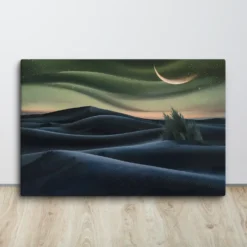 Surreal Twilight Landscape Canvas Wall Art Olive Green Skies, Black Dunes & Gold Moon