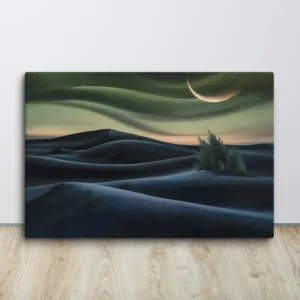 Surreal Twilight Landscape Canvas Wall Art Olive Green Skies, Black Dunes & Gold Moon