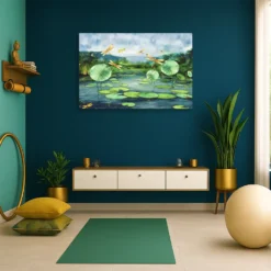 Tranquil Blue Pond Canvas Wall Art with Dragonflies on Lily Pads Yoga Room