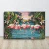 Tropical Sunset Canvas Art Pink Flamingos, Lush Green Foliage and Blue Water Large Wall Decor