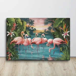 Tropical Sunset Canvas Art Pink Flamingos, Lush Green Foliage and Blue Water Large Wall Decor