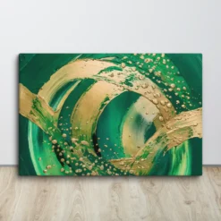 Verdant Motion Abstract Green-Gold Swirl Canvas Art Large Horizontal