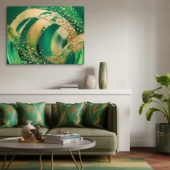 Verdant Motion Abstract Green-Gold Swirl Canvas Wall Art Living Room