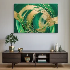 Verdant Motion Abstract Green-Gold Swirl Massive Canvas Wall Art
