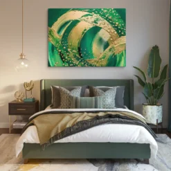 Verdant Motion Green-Gold Swirl Canvas Art Bedroom Wall Hanging