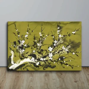 Zen Cherry Blossom Canvas Art – Relaxing Green Black White Wall Decor