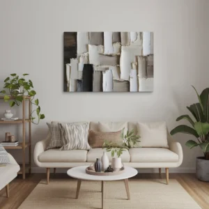 Neutral colored living room with earthy toned wall decor