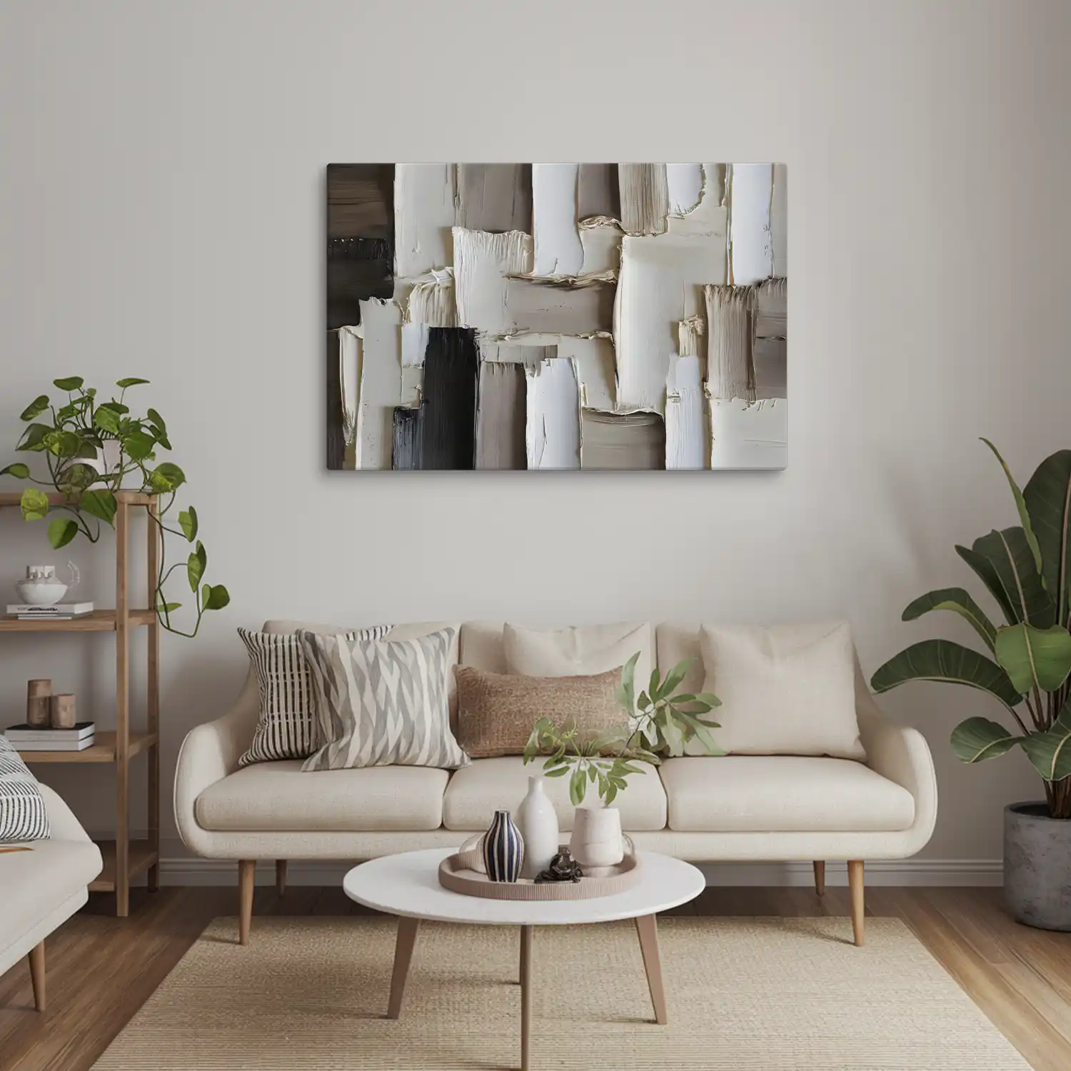 Neutral colored living room with earthy toned wall decor