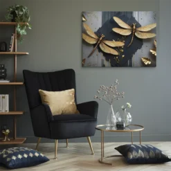 30x40 Canvas Gold Dragonflies Textured Gray Black Art Lounge Room Decor