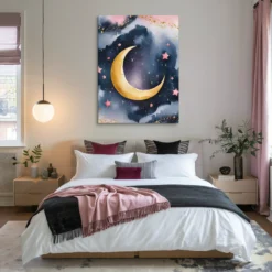30x40 Canvas Large Tall Vertical Bedroom Wall Decor Gold Moon & Pink Starry Deep Blue Sky