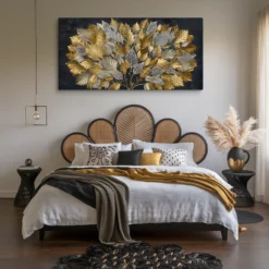 30x60 Canvas Gold Silver Leaves Wall Hanging Bedroom Decor
