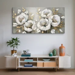 30x60 Canvas Large Horizontal White Gold Gray Floral Canvas Art