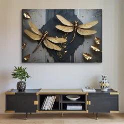 40x60 Massive Canvas Golden Dragonflies Textured Gray Black Art