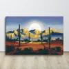 Abstract Desert Sunrise Canvas Painting Southwest Landscape Wall Decor in Blue, Gold, Rustic Red, White, Green and Yellow