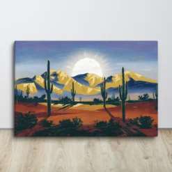 Abstract Desert Sunrise Canvas Painting Southwest Landscape Wall Decor in Blue, Gold, Rustic Red, White, Green and Yellow