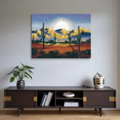 Abstract Desert Sunrise Canvas Wall Art: Blue, White, Gold, Rust Red and Black Decor