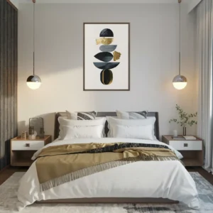 Abstract Geometric Canvas Framed Art Contemporary Bedroom Black Gold Gray White