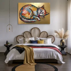 Abstract Vibrant Sleeping Cat Canvas Print Bedroom Wall Decor