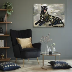 Art Nouveau Black Panther Large Canvas Painting Gold Silver Lounge Room Decor