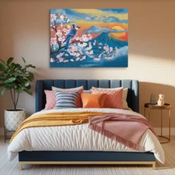Bird on Tree Branch Blue Pink Orange Modern Bedroom Wall Art