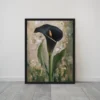 Black Calla Lily Gold Accent Green Framed Canvas Art – Dramatic Floral Wall Decor Large Vertical