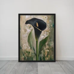 Black Calla Lily Gold Accent Green Framed Canvas Art – Dramatic Floral Wall Decor Large Vertical