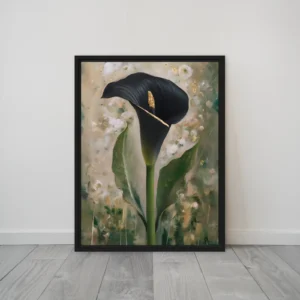 Black Calla Lily Gold Accent Green Framed Canvas Art – Dramatic Floral Wall Decor Large Vertical