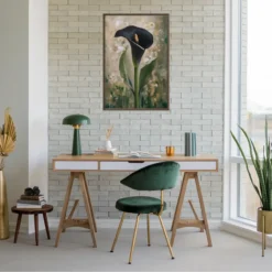 Black Gold Calla Lily Framed Canvas Art – Green Study Room Floral Wall Decor